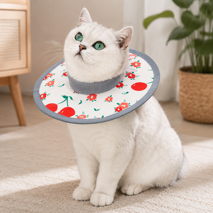 Red Cherry Soft Waterproof Elizabethan Collar for Cats & Dogs S Size - Adjustable Anti-Licking Recovery Cone After Surgery