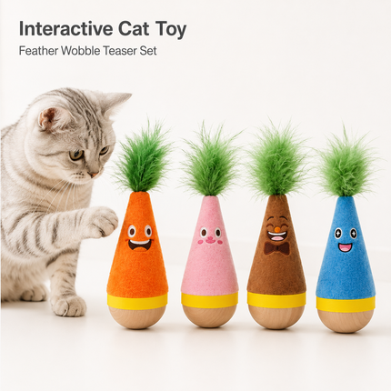 Interactive Feather Wobble Cat Toy - 4 Different Colour Tumbler Teaser Toys for Cats