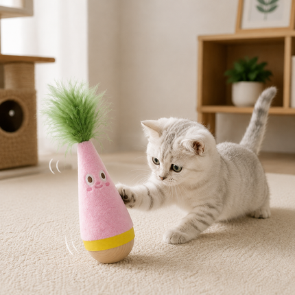 Interactive Feather Wobble Cat Toy - 2 Pink Tumbler Teaser Toys for Cats