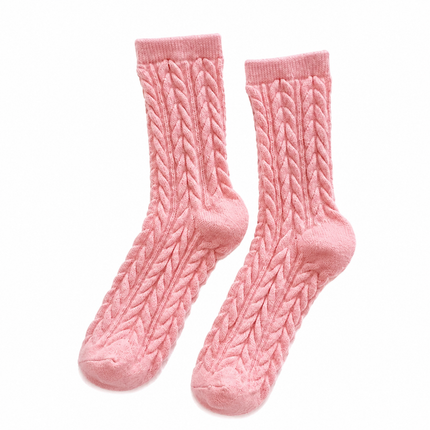 Cable Knit Mid-Calf Socks for Women - 5 Pairs - Stretch Cuff Slouch Style Pink