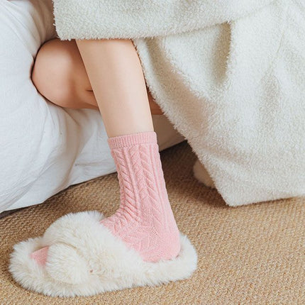 Cable Knit Mid-Calf Socks for Women - 5 Pairs - Stretch Cuff Slouch Style Pink