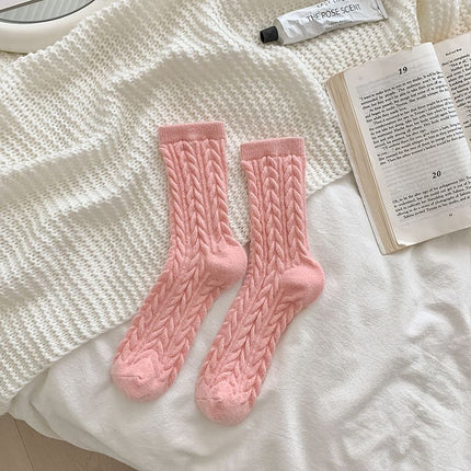 Cable Knit Mid-Calf Socks for Women - 5 Pairs - Stretch Cuff Slouch Style Pink