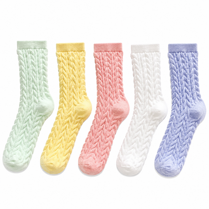 Cable Knit Mid-Calf Socks for Women - 5 Pairs - Stretch Cuff Slouch Style Pink