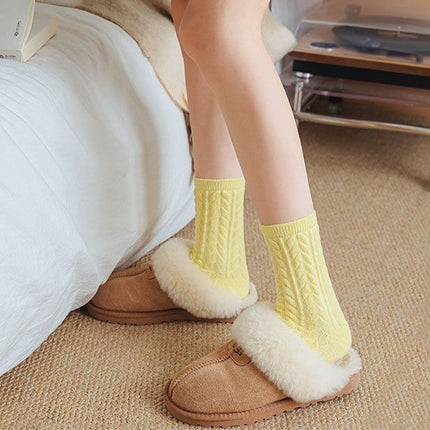 Cable Knit Mid-Calf Socks for Women - 5 Pairs - Stretch Cuff Slouch Style Yellow