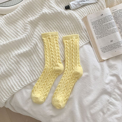 Cable Knit Mid-Calf Socks for Women - 5 Pairs - Stretch Cuff Slouch Style Yellow