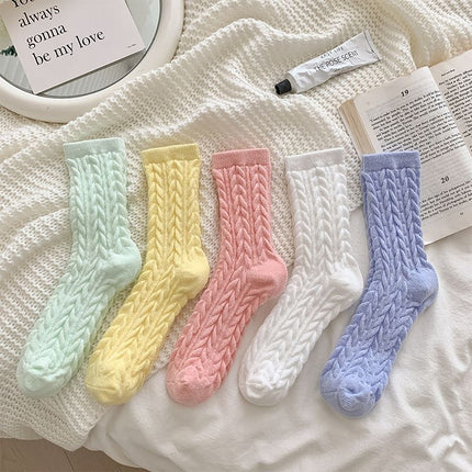 Cable Knit Mid-Calf Socks for Women - 5 Pairs - Stretch Cuff Slouch Style  Green