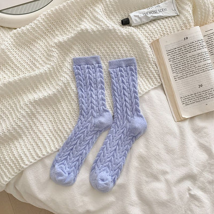 Cable Knit Mid-Calf Socks for Women - 5 Pairs - Stretch Cuff Slouch Style Blue