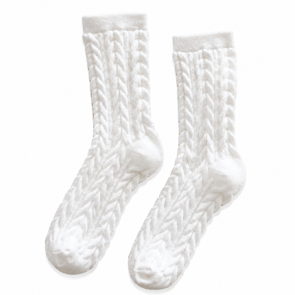 Cable Knit Mid-Calf Socks for Women - 5 Pairs - Stretch Cuff Slouch Style White