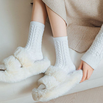 Cable Knit Mid-Calf Socks for Women - 5 Pairs - Stretch Cuff Slouch Style White