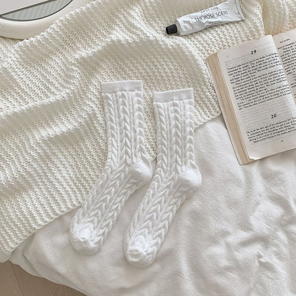 Cable Knit Mid-Calf Socks for Women - 5 Pairs - Stretch Cuff Slouch Style White