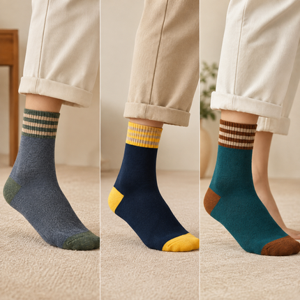 Colour Block Mid-Calf Socks - 10 Pairs - Striped Ribbed Cuff, Thick Terry Knit for Autumn and Winter