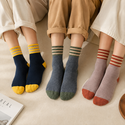Colour Block Mid-Calf Socks - 10 Pairs - Striped Ribbed Cuff, Thick Terry Knit for Autumn and Winter