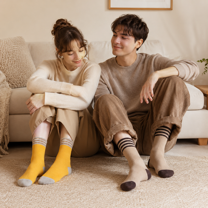 Colour Block Mid-Calf Socks - 10 Pairs - Striped Ribbed Cuff, Thick Terry Knit for Autumn and Winter
