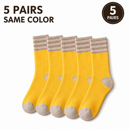 Colour Block Mid-Calf Socks, Thick Terry Knit with Striped Ribbed Cuff and Reinforced Toe, 5 Pairs, Ginger Yellow