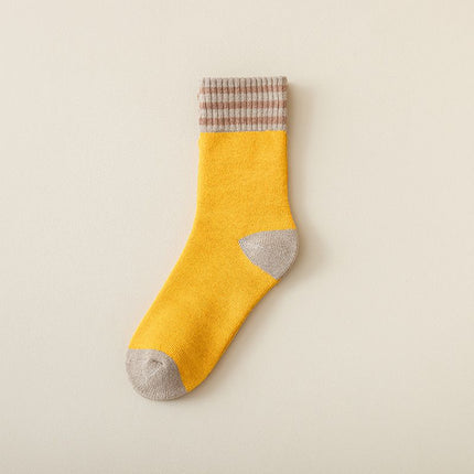 Colour Block Mid-Calf Socks, Thick Terry Knit with Striped Ribbed Cuff and Reinforced Toe, 5 Pairs, Ginger Yellow