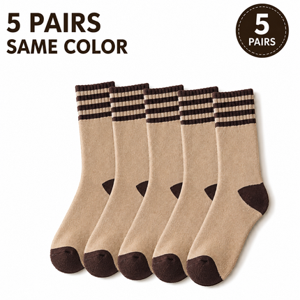 Colour Block Mid-Calf Socks, Thick Terry Knit with Striped Ribbed Cuff and Reinforced Toe, 5 Pairs, Khaki