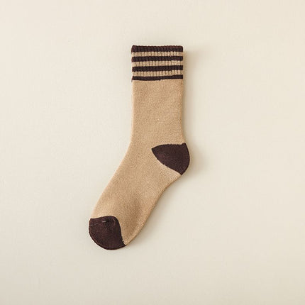 Colour Block Mid-Calf Socks, Thick Terry Knit with Striped Ribbed Cuff and Reinforced Toe, 5 Pairs, Khaki