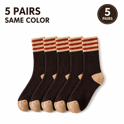 Colour Block Mid-Calf Socks, Thick Terry Knit with Striped Ribbed Cuff and Reinforced Toe, 5 Pairs, Coffee