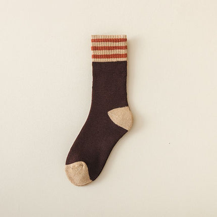 Colour Block Mid-Calf Socks, Thick Terry Knit with Striped Ribbed Cuff and Reinforced Toe, 5 Pairs, Coffee