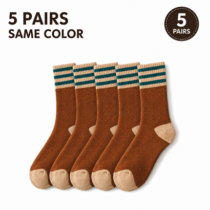 Colour Block Mid-Calf Socks, Thick Terry Knit with Striped Ribbed Cuff and Reinforced Toe, 5 Pairs, Caramel