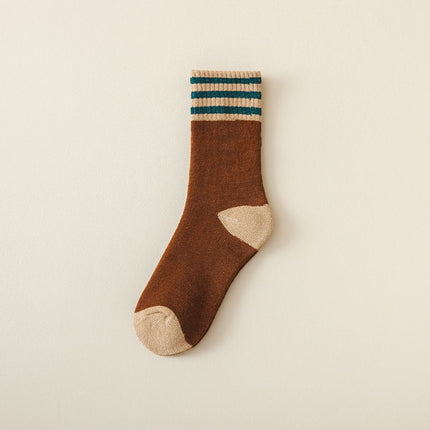 Colour Block Mid-Calf Socks, Thick Terry Knit with Striped Ribbed Cuff and Reinforced Toe, 5 Pairs, Caramel
