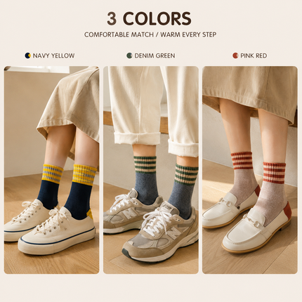 Colour Block Mid-Calf Socks, Thick Terry Knit with Striped Ribbed Cuff and Reinforced Toe, 5 Pairs, Caramel