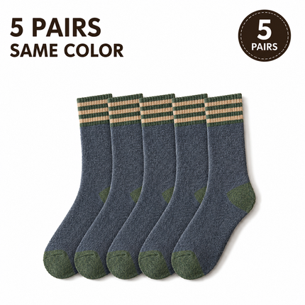 Colour Block Mid-Calf Socks, Thick Terry Knit with Striped Ribbed Cuff and Reinforced Toe, 5 Pairs, Dark Gray
