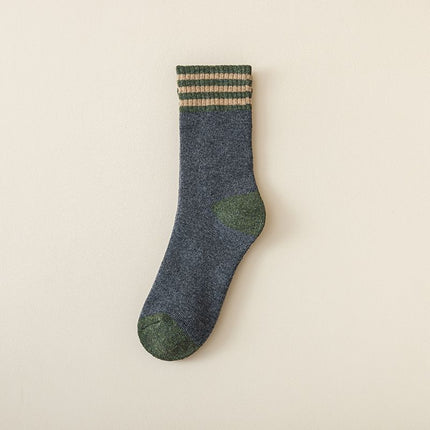 Colour Block Mid-Calf Socks, Thick Terry Knit with Striped Ribbed Cuff and Reinforced Toe, 5 Pairs, Dark Gray