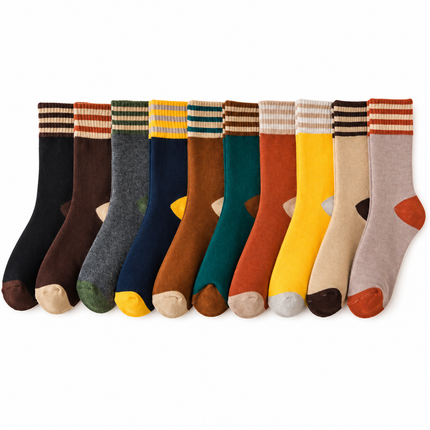 Colour Block Mid-Calf Socks, Thick Terry Knit with Striped Ribbed Cuff and Reinforced Toe, 5 Pairs, Dark Gray
