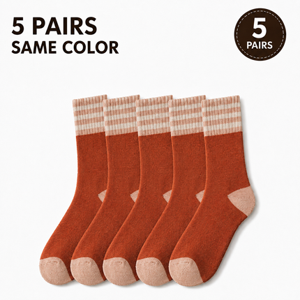 Colour Block Mid-Calf Socks, Thick Terry Knit with Striped Ribbed Cuff and Reinforced Toe, 5 Pairs, Orange Red