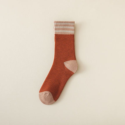 Colour Block Mid-Calf Socks, Thick Terry Knit with Striped Ribbed Cuff and Reinforced Toe, 5 Pairs, Orange Red