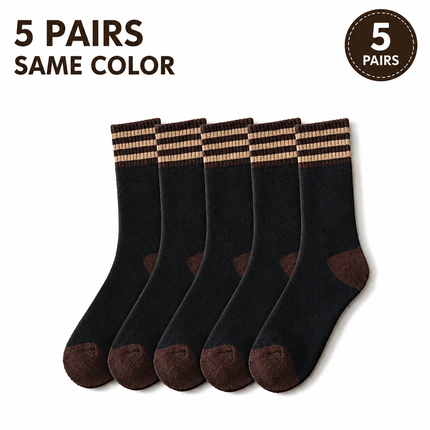 Colour Block Mid-Calf Socks, Thick Terry Knit with Striped Ribbed Cuff and Reinforced Toe, 5 Pairs, Black