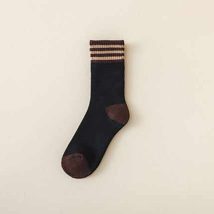 Colour Block Mid-Calf Socks, Thick Terry Knit with Striped Ribbed Cuff and Reinforced Toe, 5 Pairs, Black