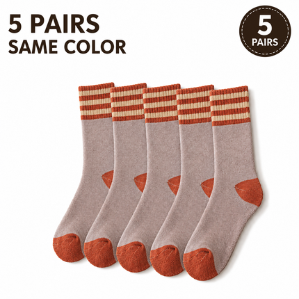 Colour Block Mid-Calf Socks, Thick Terry Knit with Striped Ribbed Cuff and Reinforced Toe, 5 Pairs, Light Brown