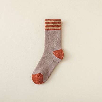 Colour Block Mid-Calf Socks, Thick Terry Knit with Striped Ribbed Cuff and Reinforced Toe, 5 Pairs, Light Brown