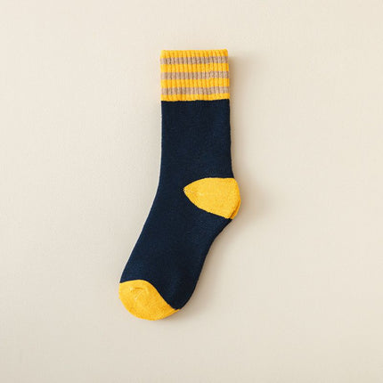 Colour Block Mid-Calf Socks, Thick Terry Knit with Striped Ribbed Cuff and Reinforced Toe, 5 Pairs, Navy Blue