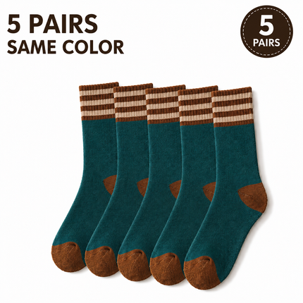 Colour Block Mid-Calf Socks, Thick Terry Knit with Striped Ribbed Cuff and Reinforced Toe, 5 Pairs, Dark Green