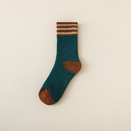 Colour Block Mid-Calf Socks, Thick Terry Knit with Striped Ribbed Cuff and Reinforced Toe, 5 Pairs, Dark Green