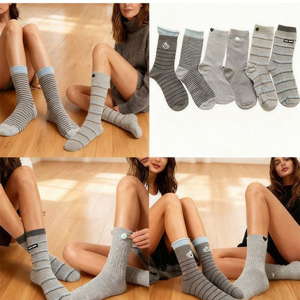 Unisex Grey Mid-Calf Socks, Preppy Collegiate Style with Stripes, Hearts and Button Details, 5 Pairs
