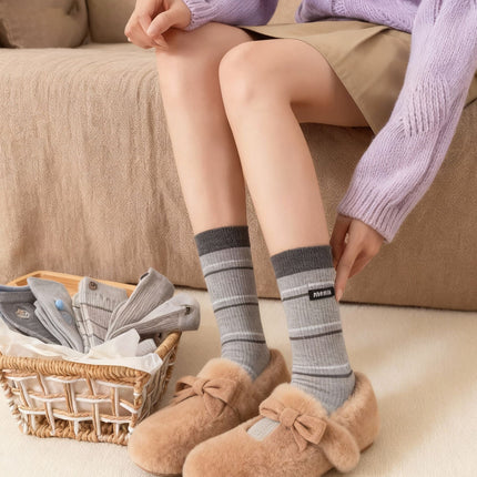 Unisex Grey Mid-Calf Socks, Preppy Collegiate Style with Stripes, Hearts and Button Details, 4 Pairs