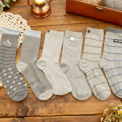 Unisex Grey Mid-Calf Socks, Preppy Collegiate Style with Stripes, Hearts and Button Details, 4 Pairs