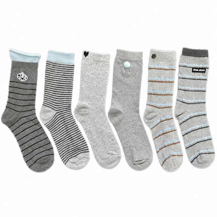 Unisex Grey Mid-Calf Socks, Preppy Collegiate Style with Stripes, Hearts and Button Details, 3 Pairs