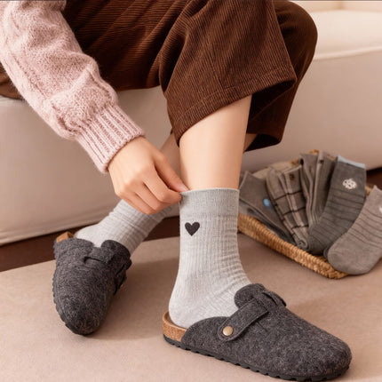 Unisex Grey Mid-Calf Socks, Preppy Collegiate Style with Stripes, Hearts and Button Details, 3 Pairs