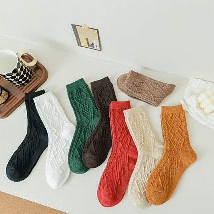 Diamond Knit Mid-Calf Socks for Women, Retro Textured Crew Style with Elastic Cuff, 6 Pairs