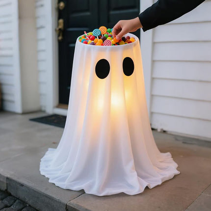 Halloween Ghost Candy Bowl Decoration with Water-Fill Base and Warm LED Battery Box Light