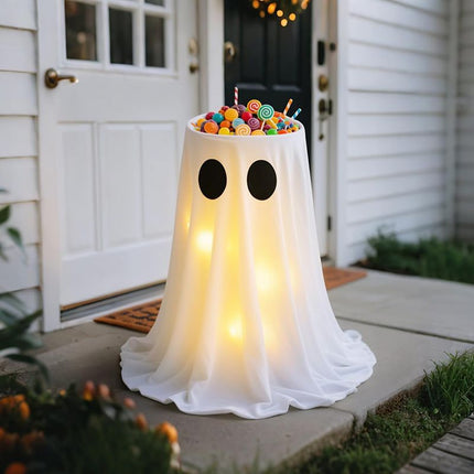 Halloween Ghost Candy Bowl Decoration with Tripod Stand and Warm LED Battery Box Light