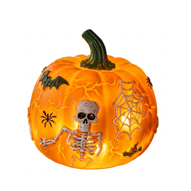 Halloween Pumpkin Light Decoration with Skull Design, Battery Powered Tabletop Ornament for Indoor Outdoor Party Decor