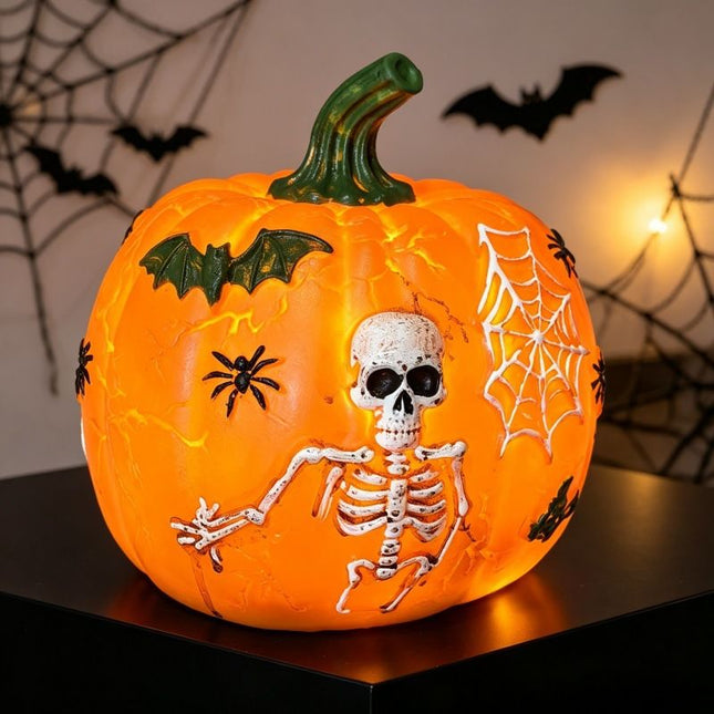 Halloween Pumpkin Light Decoration with Skull Design, Battery Powered Tabletop Ornament for Indoor Outdoor Party Decor