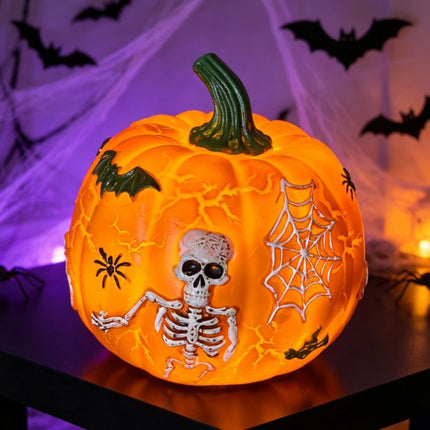 Halloween Pumpkin Light Decoration with Skull Design, Battery Powered Tabletop Ornament for Indoor Outdoor Party Decor