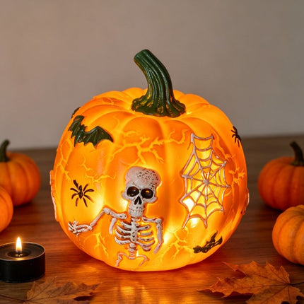 Halloween Pumpkin Light Decoration with Skull Design, Battery Powered Tabletop Ornament for Indoor Outdoor Party Decor